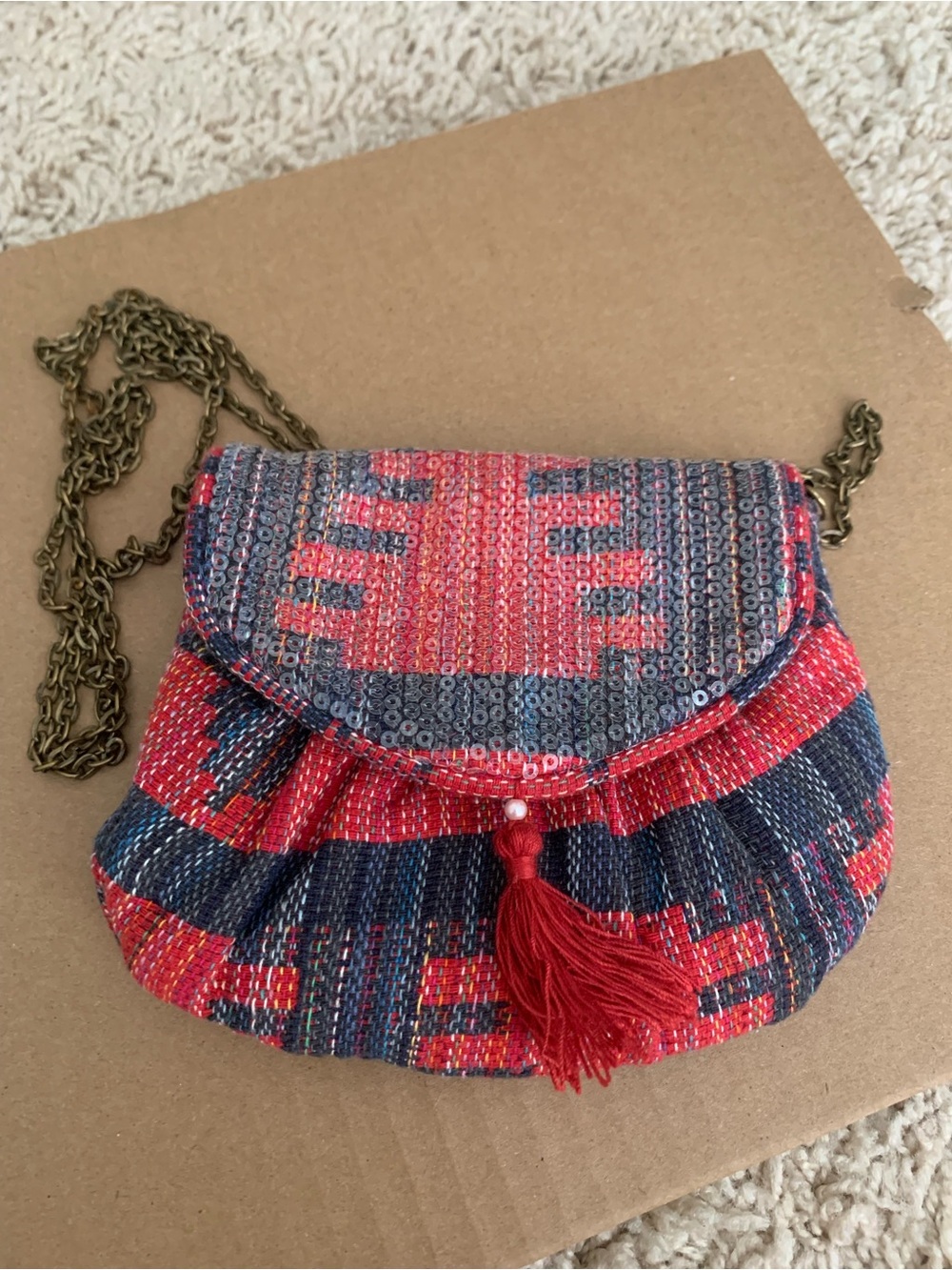 Boho Red & Navy Sequined Tassel Crossbody Bag BNWOT